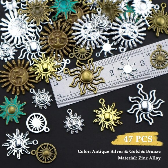 Celestial Sun Charms 42pcs Mixed Antique Gold Silver Bronze Colors Sun Smile Pen - Picture 3 of 7